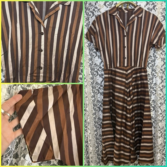 Vintage Brown gray Striped Midi Dress 50’s excellent cond. Parisian mid century - Picture 1 of 17
